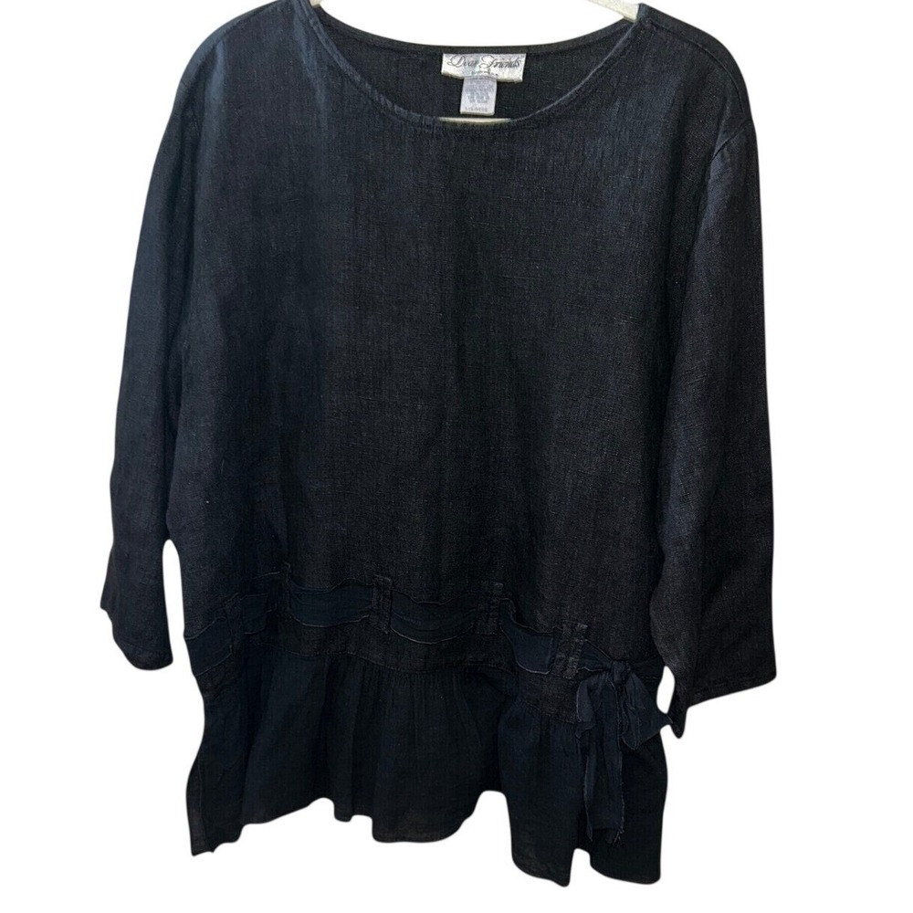 Dear Friends Black 100% Linen Peplum Tie Blouse Top XL 3/4 Sleeve Round Neck